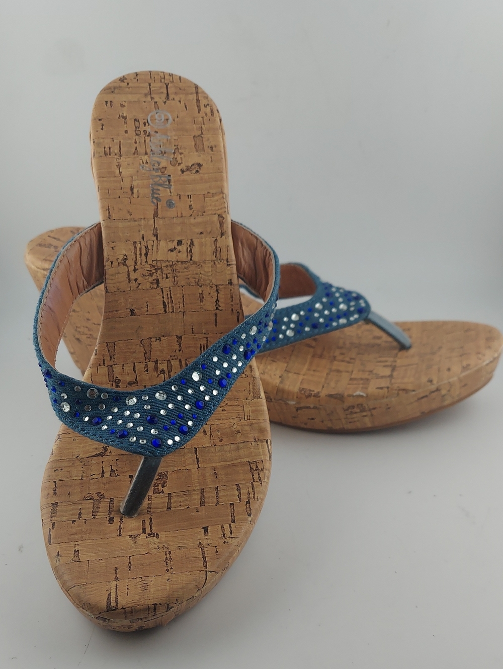 Ashley Blue Embellished Cork Wedge Flip Flops - Women Size 9